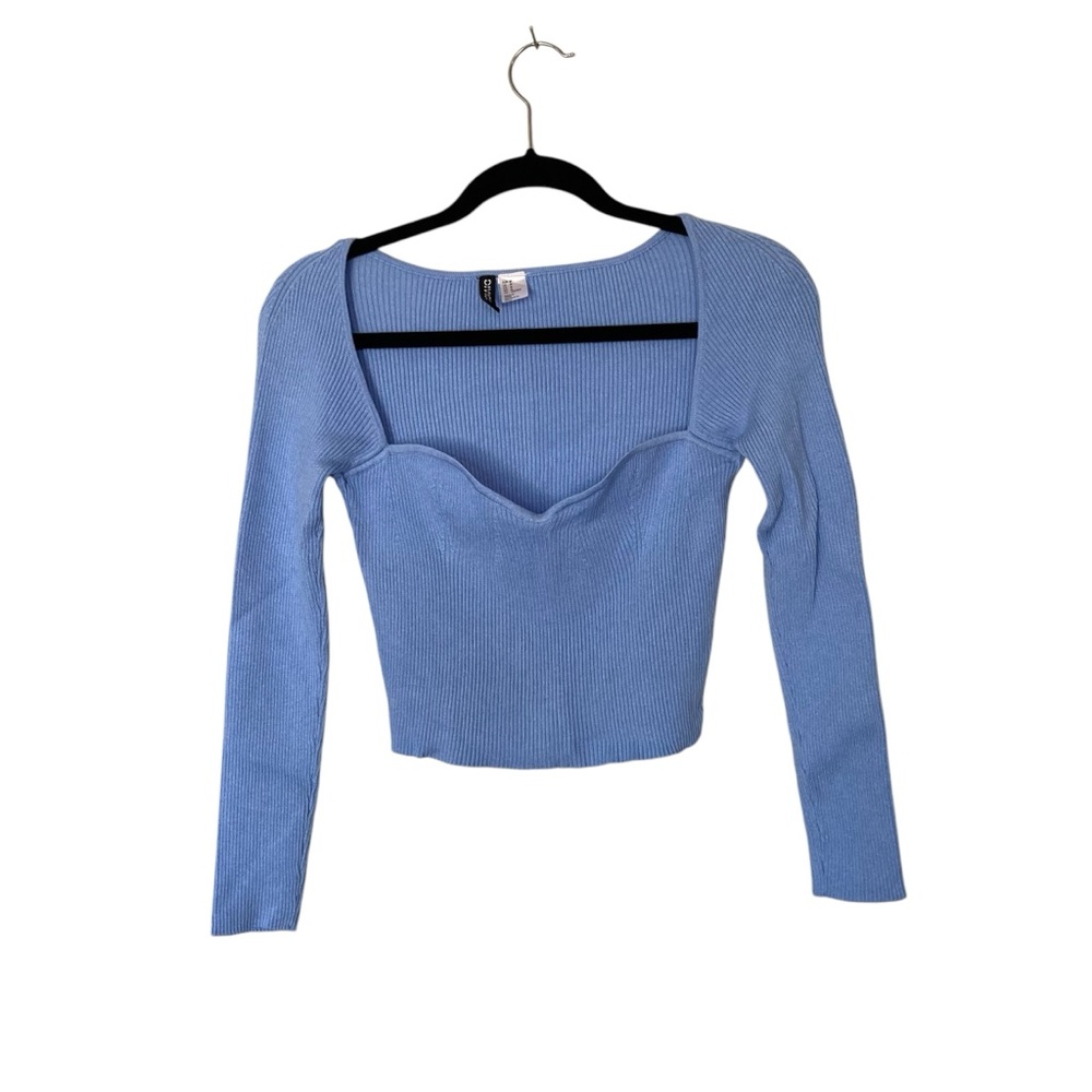 Divided By HM Womens Crop Sweater Top M Sweetheart Plunge Neckline Long Sleeve